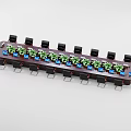 Dark Wooden Long Rectangular Office Conference Desk With Black Chairs Green Plants And Blue Items