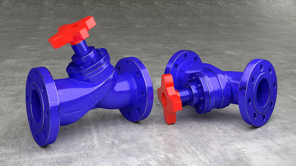 Industrial Blue Valves With Red Handles And Flanged Design On Concrete Surface 3d model 