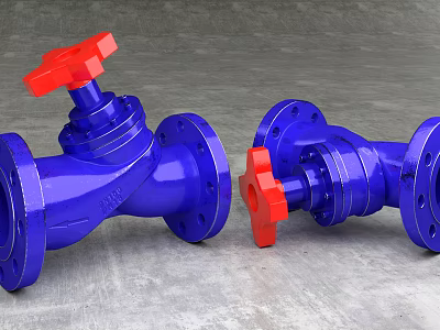 Industrial Blue Valves With Red Handles And Flanged Design On Concrete Surface 3d model