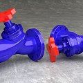 Industrial Blue Valves With Red Handles And Flanged Design On Concrete Surface