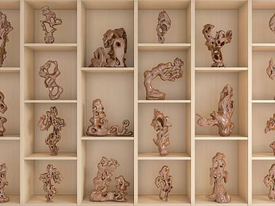Traditional Wooden Curio Cabinet with Multiple Shelves Displaying Intricate Wooden Carvings 3d model