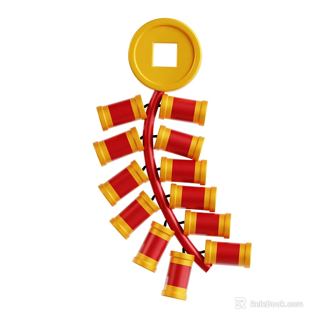 Red And Yellow Festive Decorative Ornament Set With Coin Top And Firecracker Shapes 3d model 