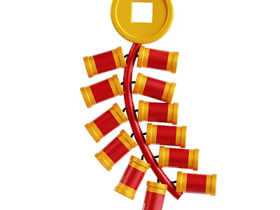 Red And Yellow Festive Decorative Ornament Set With Coin Top And Firecracker Shapes 3d model
