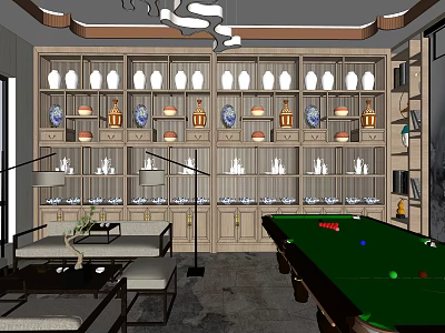 Elegant Billiard Room Interior With Green Felt Table And Decorative Shelves 3d model