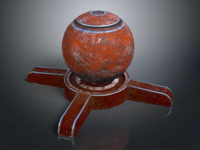 Red Textured Sphere Decorative Component With Cross Shaped Base And White Lines 3d model