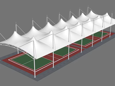 White Tensile Membrane Structure Covering Red And Green Outdoor Sports Courts 3d model