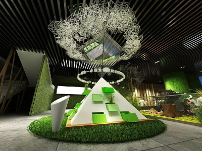 Modern Indoor Design Featuring Green Pyramid Structure White Tangled Art And Grass Floor 3d model