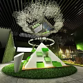 Modern Indoor Design Featuring Green Pyramid Structure White Tangled Art And Grass Floor