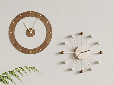 Modern Wooden Wall Clocks With Decorative Dots And Green Plant Accent 3d model