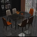 Marble Dining Table Set With Orange White Brown Chairs Golden Legs And Flower Fruit Decoration