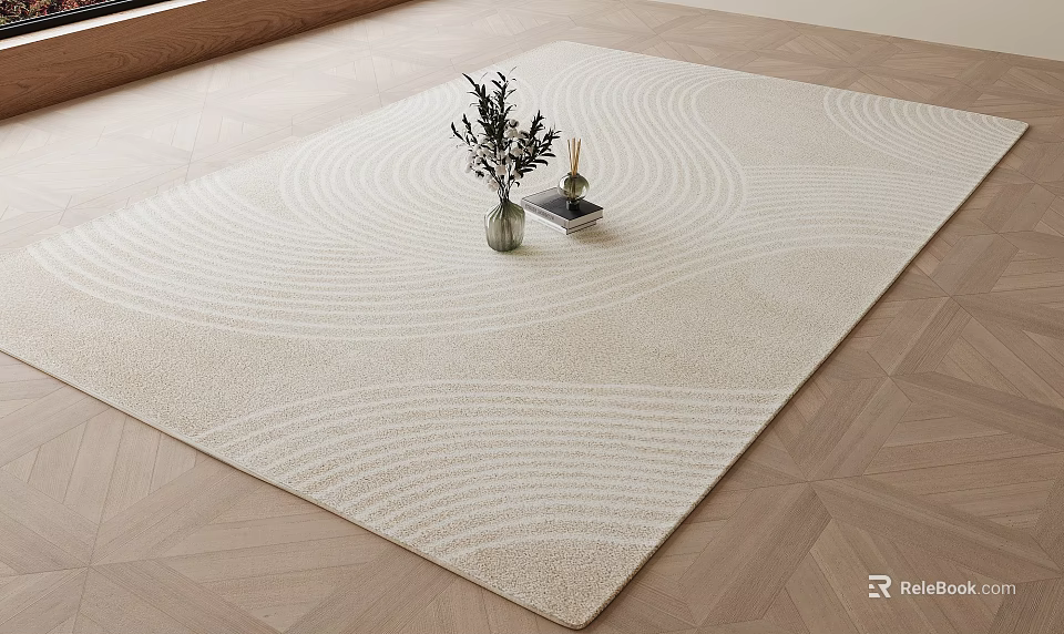 Light Beige Square Area Rug with Wavy Patterns on Wooden Floor Featuring Vase and Plants 3d model 