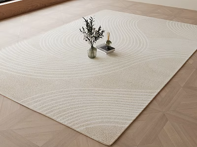 Light Beige Square Area Rug with Wavy Patterns on Wooden Floor Featuring Vase and Plants 3d model