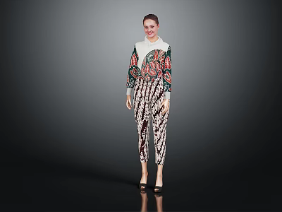 Woman In Colorful Printed Top And Pants Standing Stylishly Against Gray Background 3d model