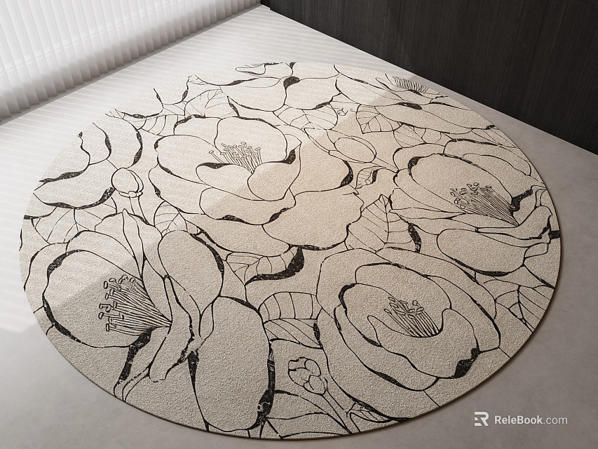 Modern Round Rug With Black And White Floral Pattern For Stylish Interior Space 3d model 