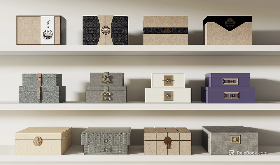 Decorative Storage Boxes With Various Colors Traditional Patterns And Modern Designs On Shelves 3d model 