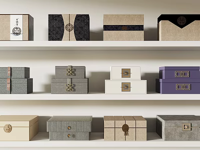 Decorative Storage Boxes With Various Colors Traditional Patterns And Modern Designs On Shelves 3d model