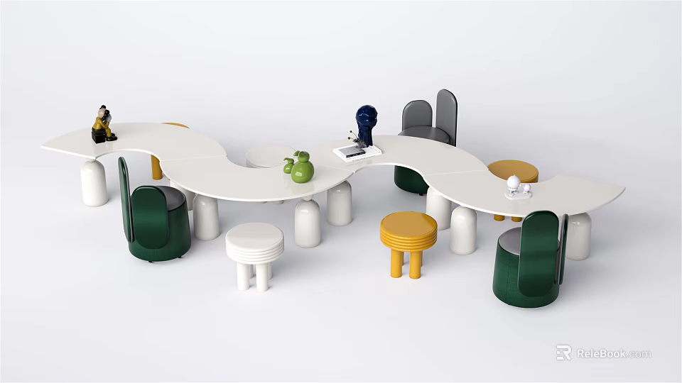 White Wavy Kids Table With Colorful Chairs Stools And Toys Teapot Little Statues On Top 3d model 