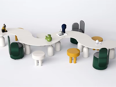White Wavy Kids Table With Colorful Chairs Stools And Toys Teapot Little Statues On Top 3d model