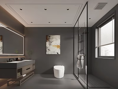 Modern Bathroom Interior With Glass Shower Enclosure White Toilet Vanity Large Mirror And Gray Walls 3d model