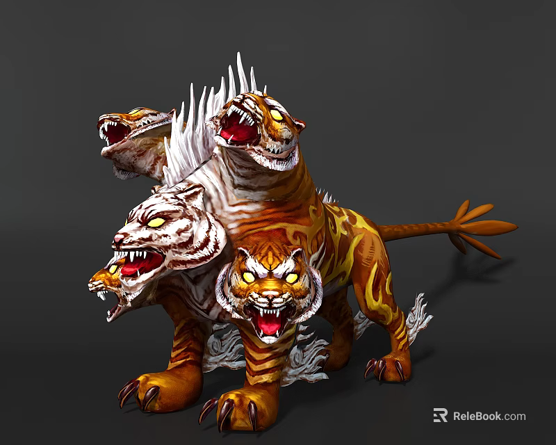 Game Movie Character Three Headed Tiger Like Mythical Creature With Flame Patterns And Sharp Mane 3d model 