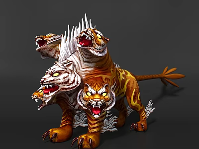 Game Movie Character Three Headed Tiger Like Mythical Creature With Flame Patterns And Sharp Mane 3d model