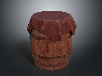 Traditional Striped Wooden Barrel With Red Cloth Cover For Home Storage Use 3d model