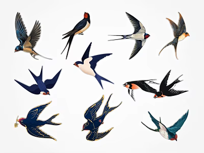 Vibrant Swallows with Diverse Flying Poses and Colorful Feather Patterns 3d model