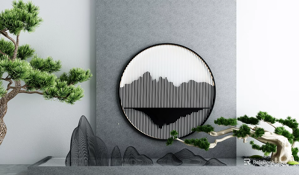 Garden Decor With Circular Black White Mountain Pattern Green Pine Branches And Rocks 3d model