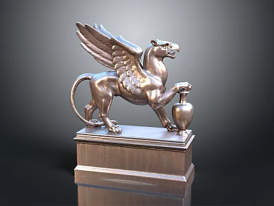 Ornate Winged Lion Statue With Pedestal Base And Claw Resting On Vase 3d model