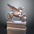 Ornate Winged Lion Statue With Pedestal Base And Claw Resting On Vase