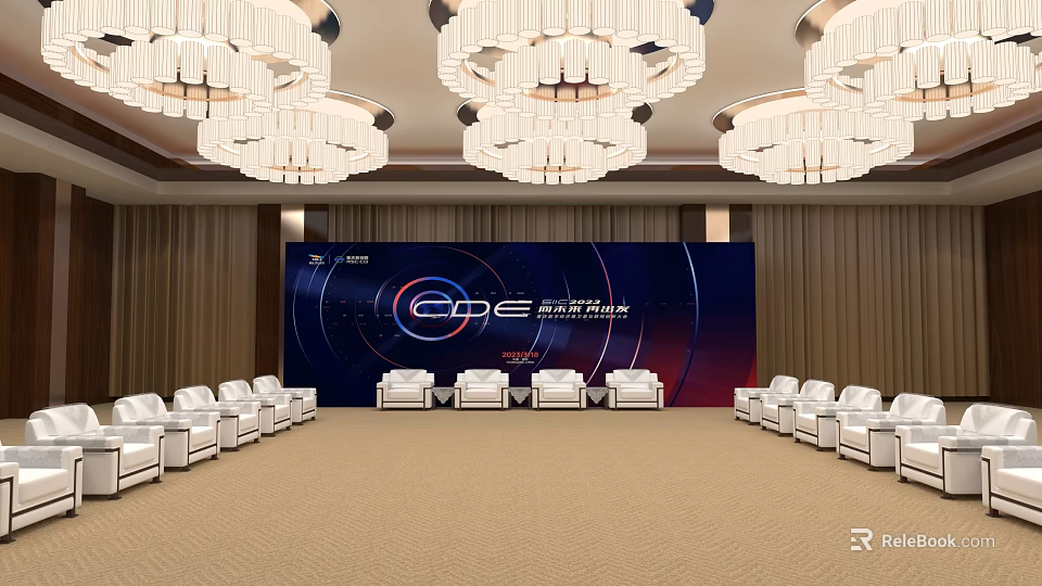 Modern Hotel Public Lounge With Crystal Chandeliers White Sofas And Beige Carpet 3d model 