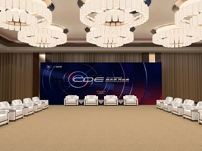 Modern Hotel Public Lounge With Crystal Chandeliers White Sofas And Beige Carpet 3d model