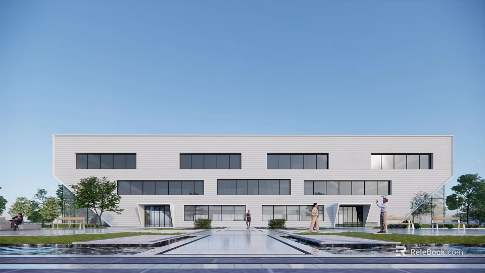 Modern White Industrial Factory Building With Multiple Windows And Water Pool In Front 3d model 