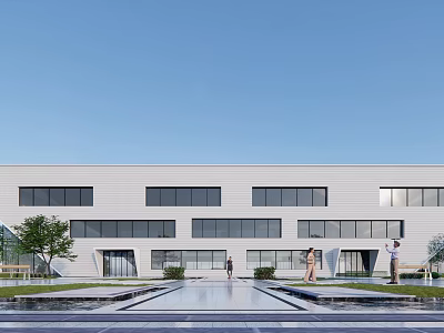 Modern White Industrial Factory Building With Multiple Windows And Water Pool In Front 3d model