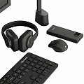 Complete Modern Computer Setup Including Monitor Keyboard Mouse Printer Headphones Desk Lamp And Accessories