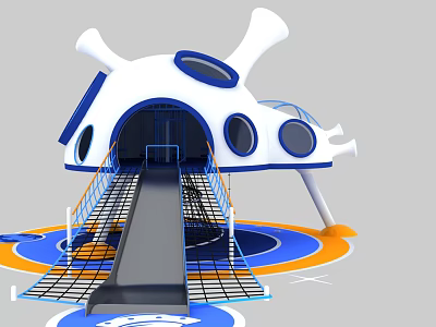 White And Blue Playground Equipment With Bone Shaped Top Tunnel Entrance Slide And Grid Platform 3d model