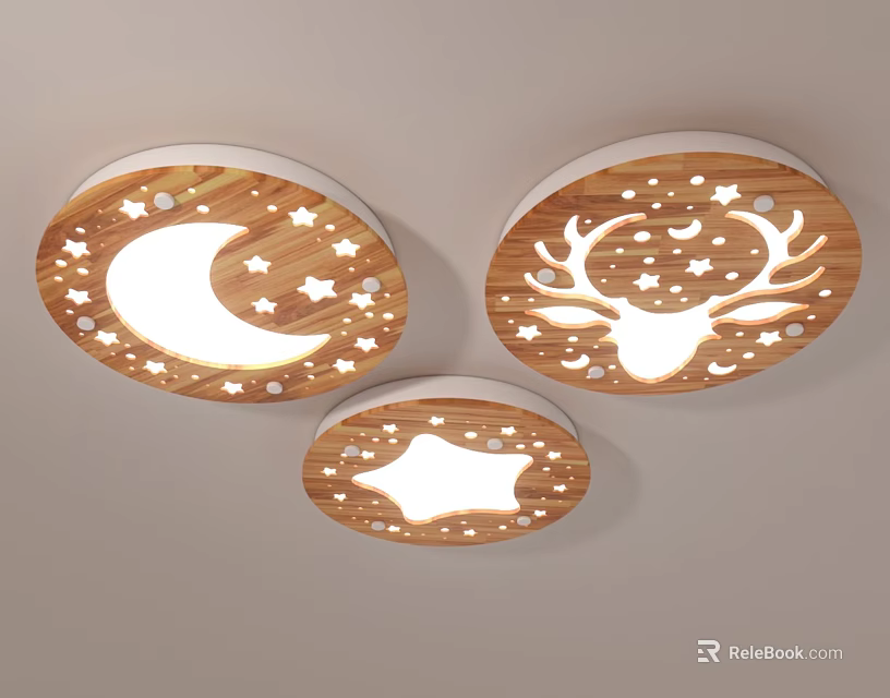 Wooden Round Ceiling Lights With Moon Stars And Deer Head Patterns 3d model