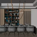 Stylish Restaurant Interior With Dining Table Gray Upholstered Chairs Decorative Artwork And Modern Pendant Lights