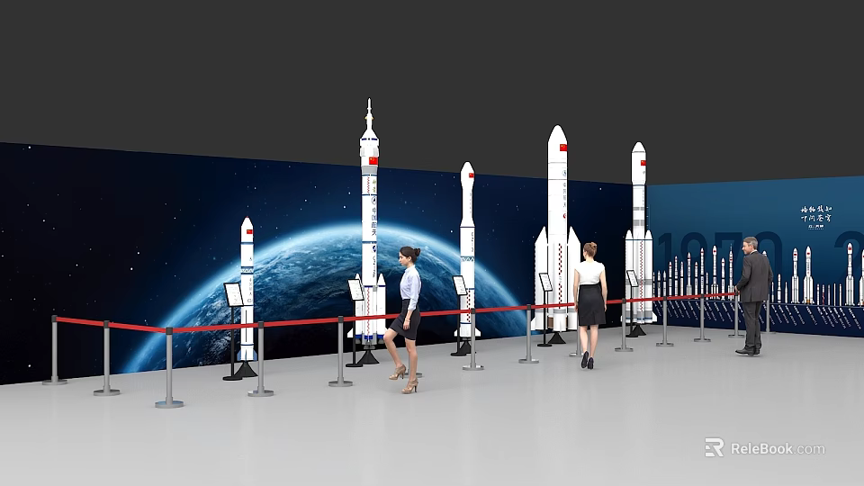 Interactive Zone Featuring Rocket Models Earth Background And Visitors 3d model
