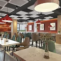 Modern Restaurant Interior With Red Pendant Lights Green Chairs And Large Windows