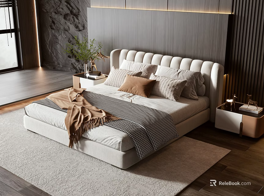 Modern Upholstered Double Bed With Pillows Throw Blanket Nightstands And Rug On Wooden Floor 3d model 