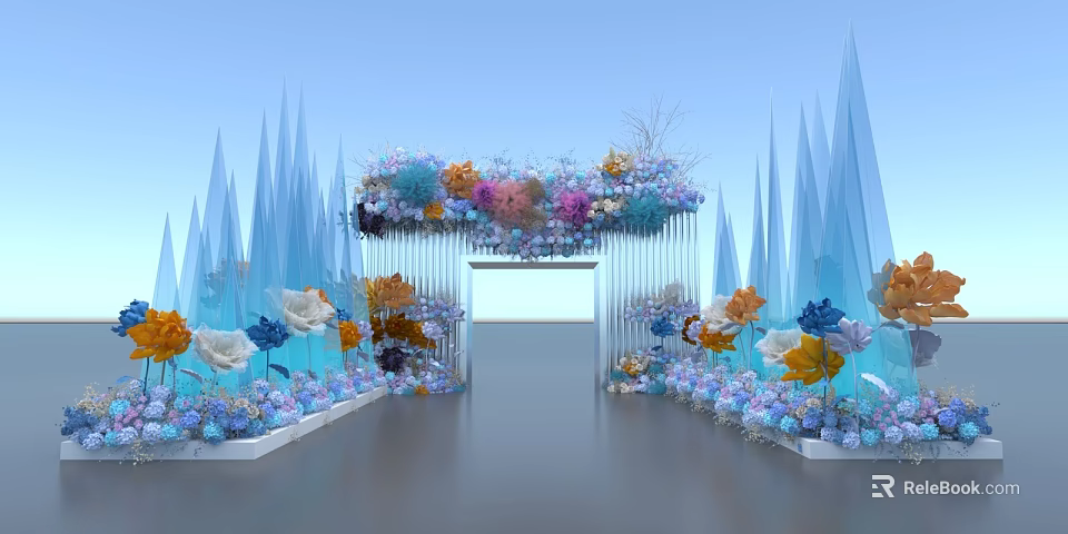 Event Entrance Decorated with Colorful Flowers and Icicle Shaped Archway Design 3d model 
