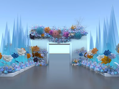 Event Entrance Decorated with Colorful Flowers and Icicle Shaped Archway Design 3d model