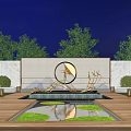 Modern Landscape Feature Wall Design With Circular Ornament Water Reflection Pool And Surrounding Trees 3d model