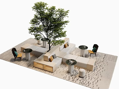 Modern Indoor Table Chair Set With Small Round Tables Green Chairs White Sofas And Tree 3d model