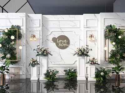 Elegant White Background Wall with Love 30th Sign Green Plants and Flower Arrangements 3d model