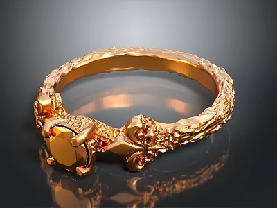 Elegant Gold Ring With Intricate Floral Patterns And Central Gemstone Design 3d model