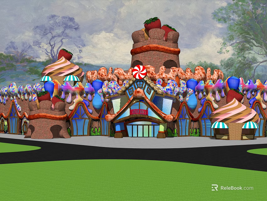 Colorful Candy Themed Building With Strawberry Towers Candy Cane Decor Ice Cream Roofs And Balloons 3d model 