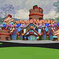 Colorful Candy Themed Building With Strawberry Towers Candy Cane Decor Ice Cream Roofs And Balloons