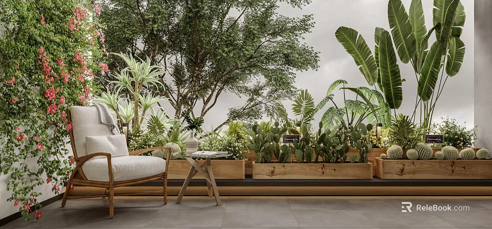 Cozy Home Balcony With Lush Plants Wooden Planters Relaxing Chair Table And Tiled Floor 3d model 